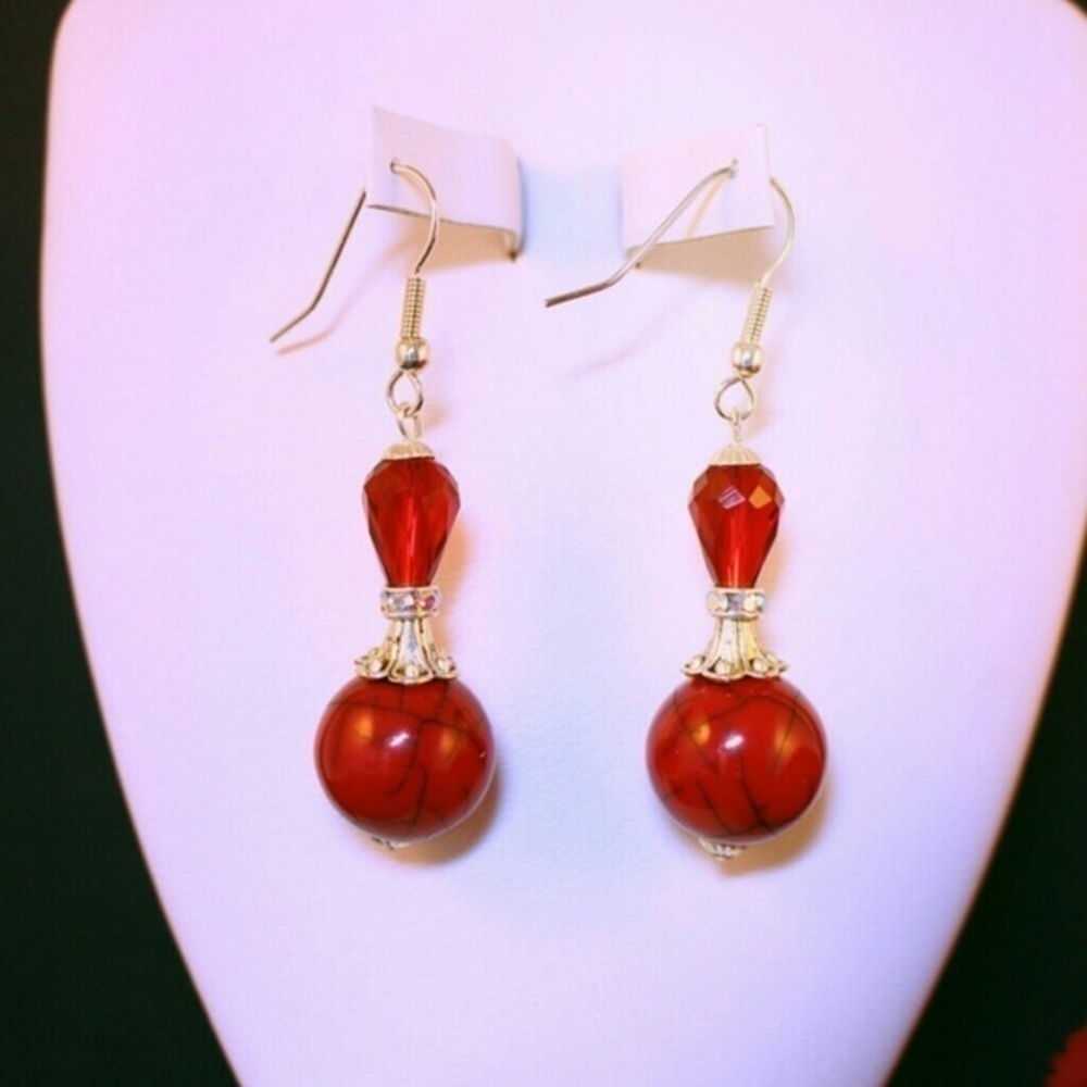 Red and Silver Beaded Drop Earrings - Picture 3 of 3